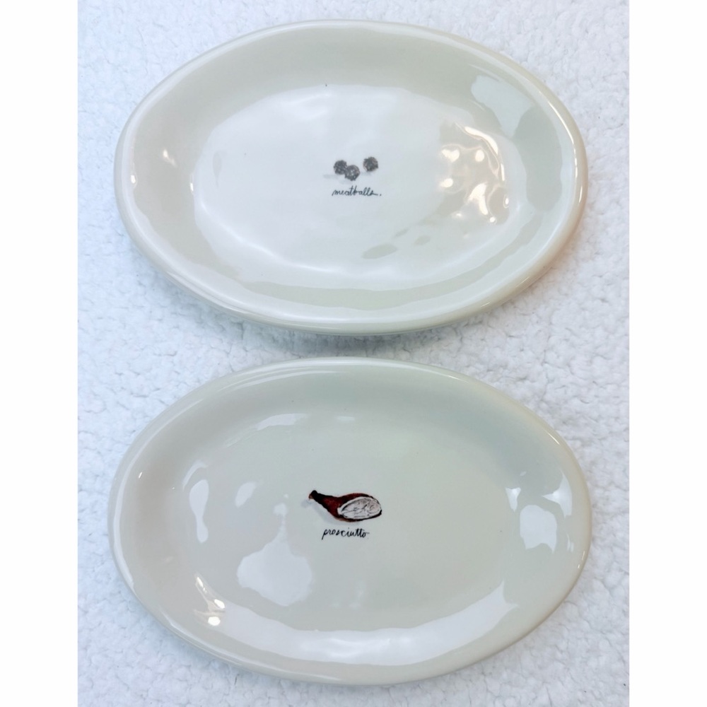 RAE DUNN • (Set of 4) Cream Meat-Themed Oval Ceramic Appetizer Plate Set - Picture 5 of 16